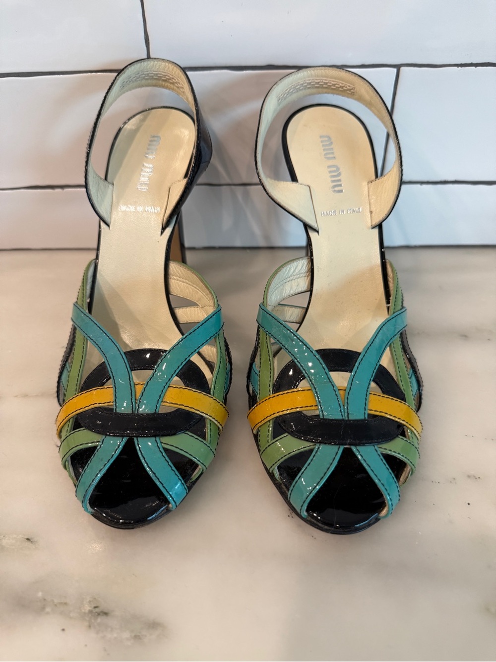 Miu Miu Teal, Green, Yellow and Black Patent Leather Strappy Heels